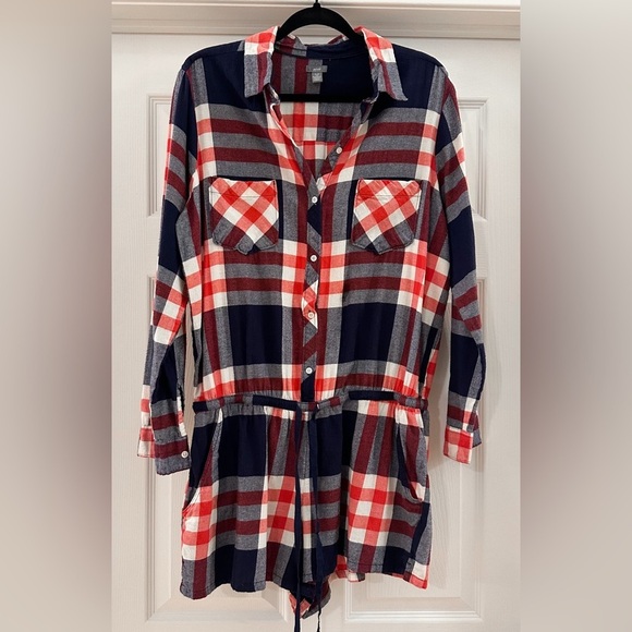 Aerie Plaid Flannel Button Front One Piece Pajama Romper Red Blue sz XL - Picture 4 of 8